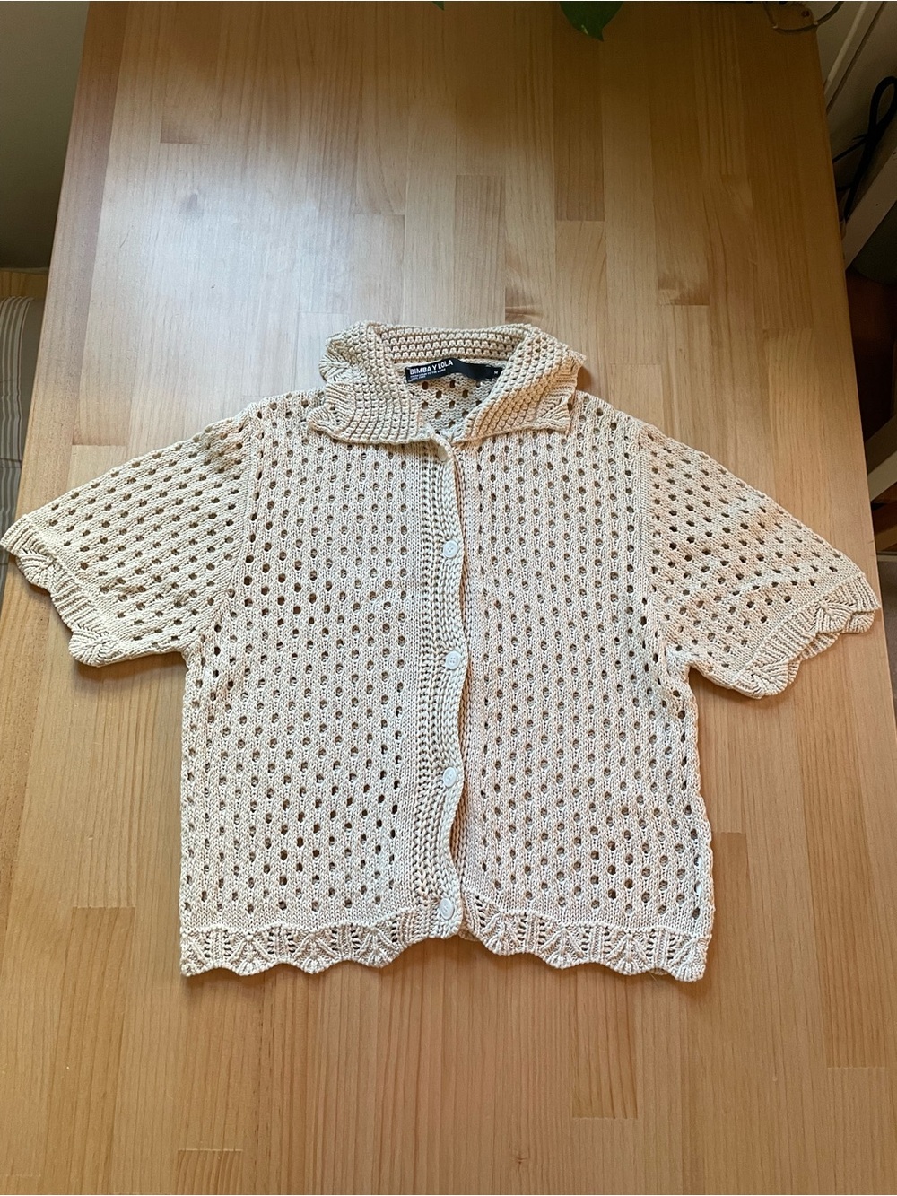 Bimba Y Lola Cream Crochet Button-Up Short Sleeve Top